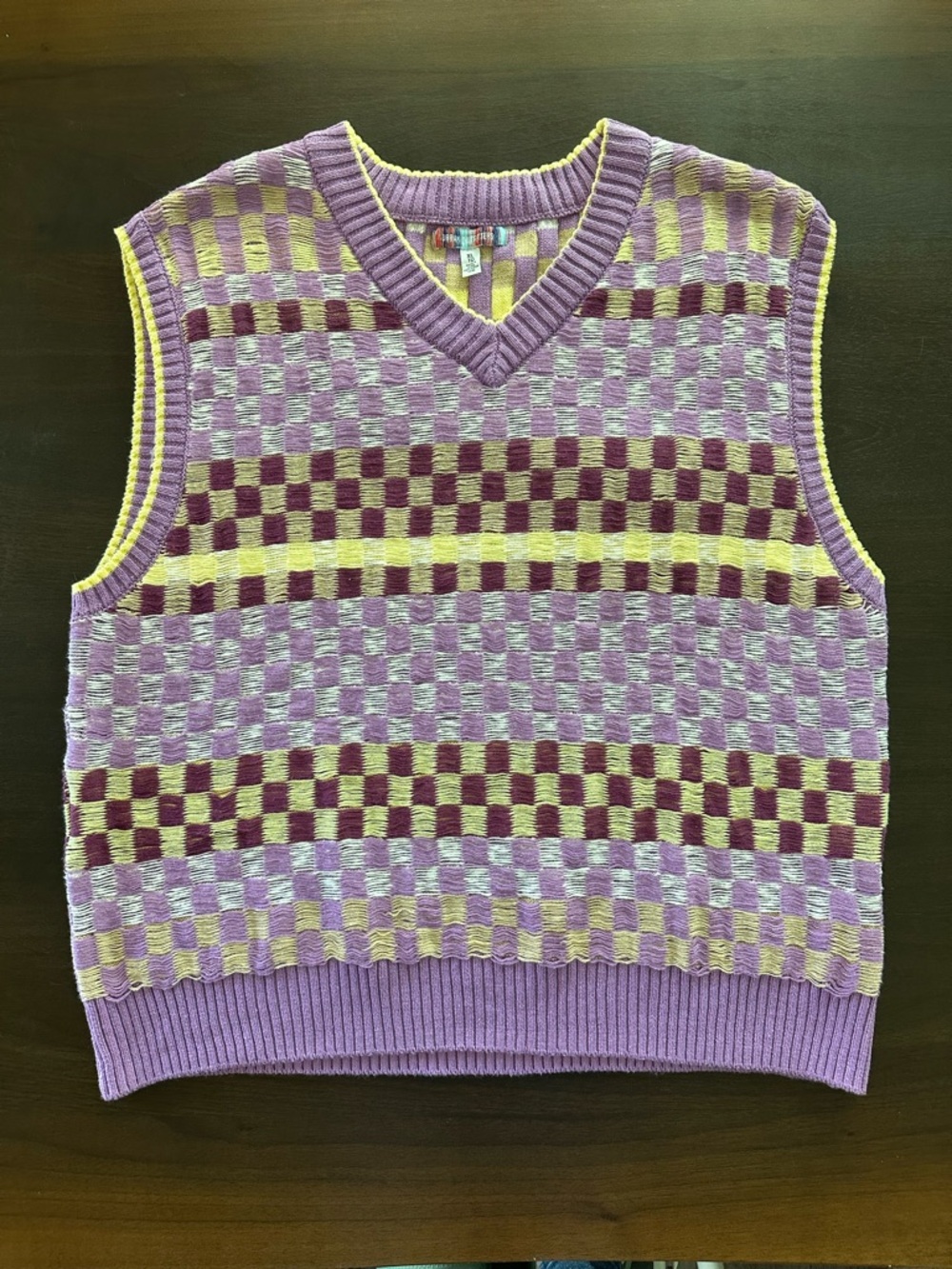 Urban Outfitters UO Checkered V-Neck Sweater Vest Purple Yellow Men's XL